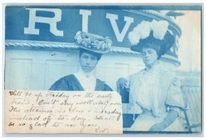 1907 Women Onboard Steamer Cyanotype View NY RPPC Photo Posted Postcard