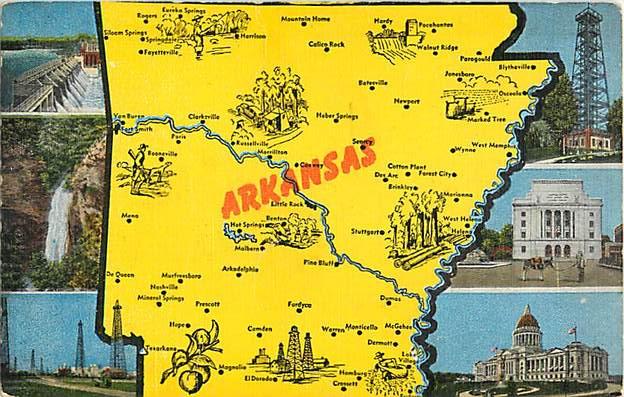 Linen Map Postcard of Arkansas AR