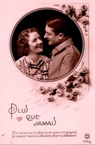 Romantic Couple Woman & Soldier Plus Que Jamais Color Tinted Real Photo France