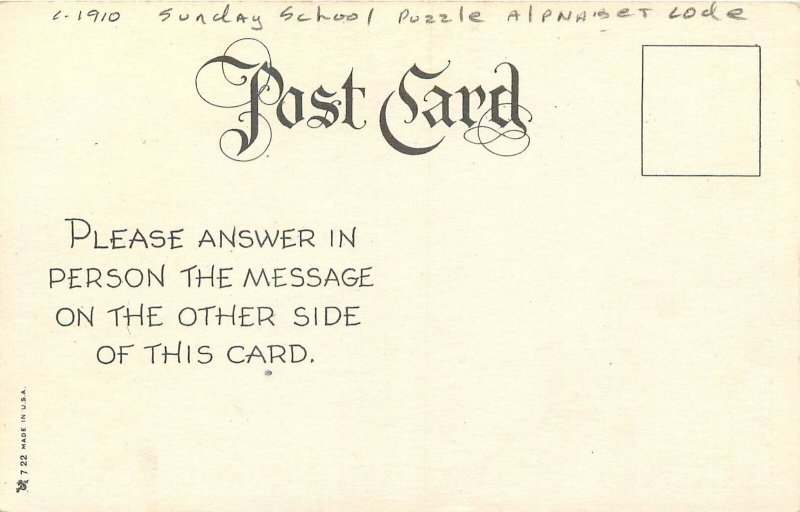 Postcard C-1910 Sunday School puzzle alphabet Code undivided TP24-4357