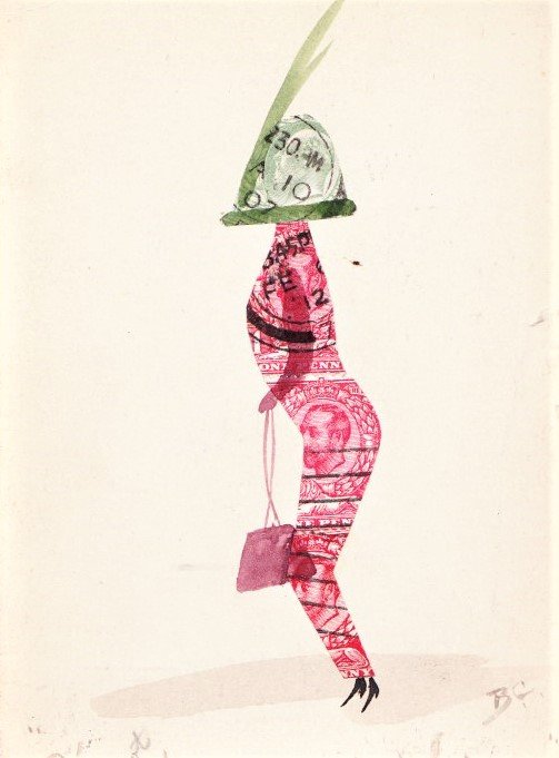 Novelty card of a figure made from stamps