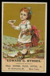 VICTORIAN TRADE CARD Byrnes Groceries Large Girl with Flowers & Small Farm