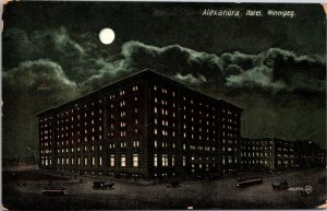 Alexandra Hotel Winnipeg at Night Full Moon  Valentine & Sons Postcard 1909