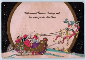 Christmas Greetings Santa Claus And Reindeer Sleigh With Gifts Embossed Postcard