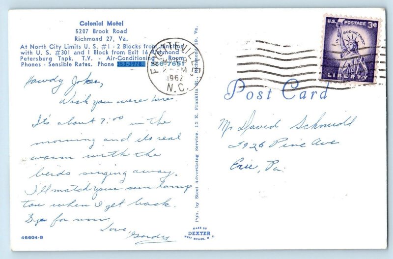 1962 Colonial Motel & Restaurant Building Roadside Richmond Virginia VA Postcard