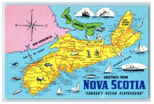 c1950's Map View, Greetings from Nova Scotia, Canada's Ocean Playground Postcard 