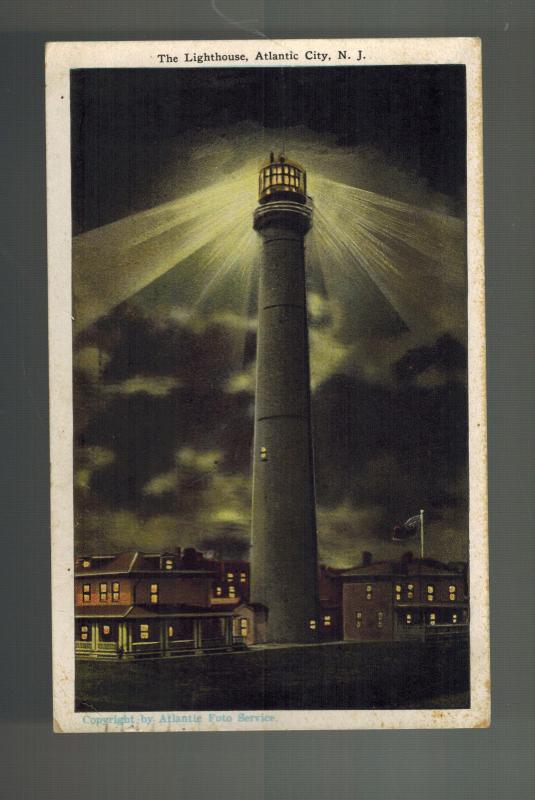 1927 Atlantic City NJ Postcard Cover lighthouse At Night to Lancaster PA