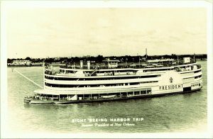 RPPC Sight Seeing Harbor Trip Steamer President New Orleans Real Photo Postcard