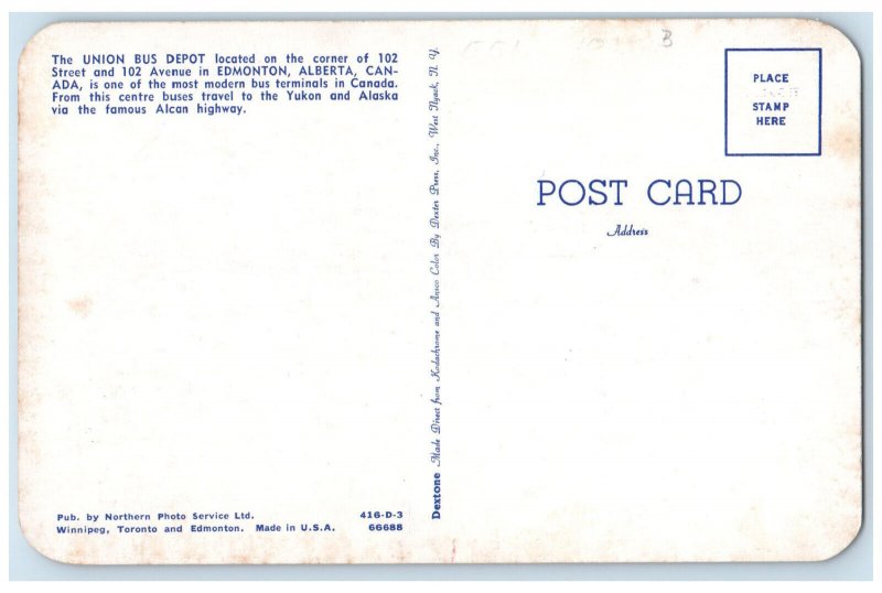 c1950's Union Bus Depot 102 Avenue Edmonton Alberta Canada Vintage Postcard