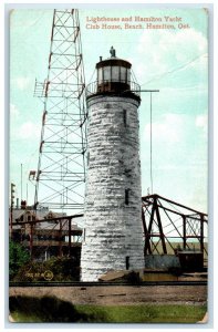 1910 Lighthouse and Hamilton Yacht Club House Beach Ontario Canada Postcard