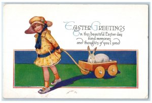 c1910's Easter Greetings Girl Pulling Wagon With Rabbit Antique Postcard