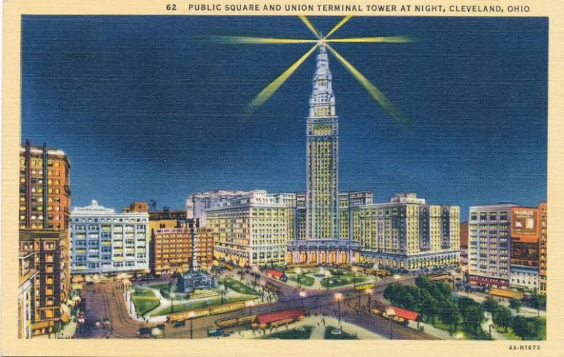 Cleveland Ohio Public Square and Union Terminal Tower at Night - pm 1940 - Linen