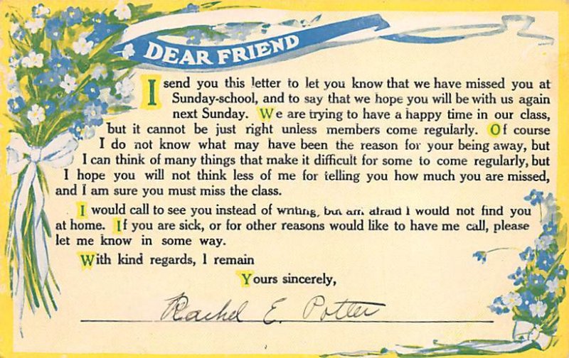 Dear Friend We missed you in Sunday School Religious 1916 