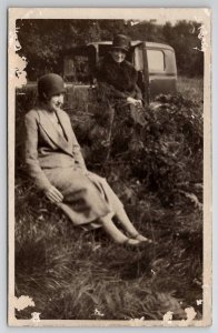 RPPC Two Woman Cloche Hats Old Car c1920s Roadside Photo Postcard U28