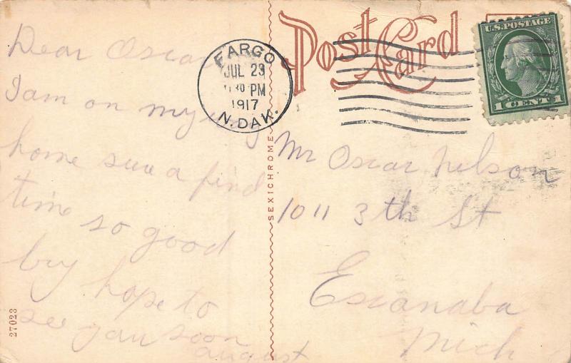 N.P. Park and Depot, Fargo, North Dakota, Early Postcard, Used in 1917