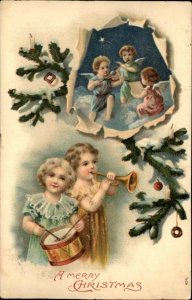 Christmas Children Play Music Angels Play Along Toy Drum c1910 Vintage Postcard