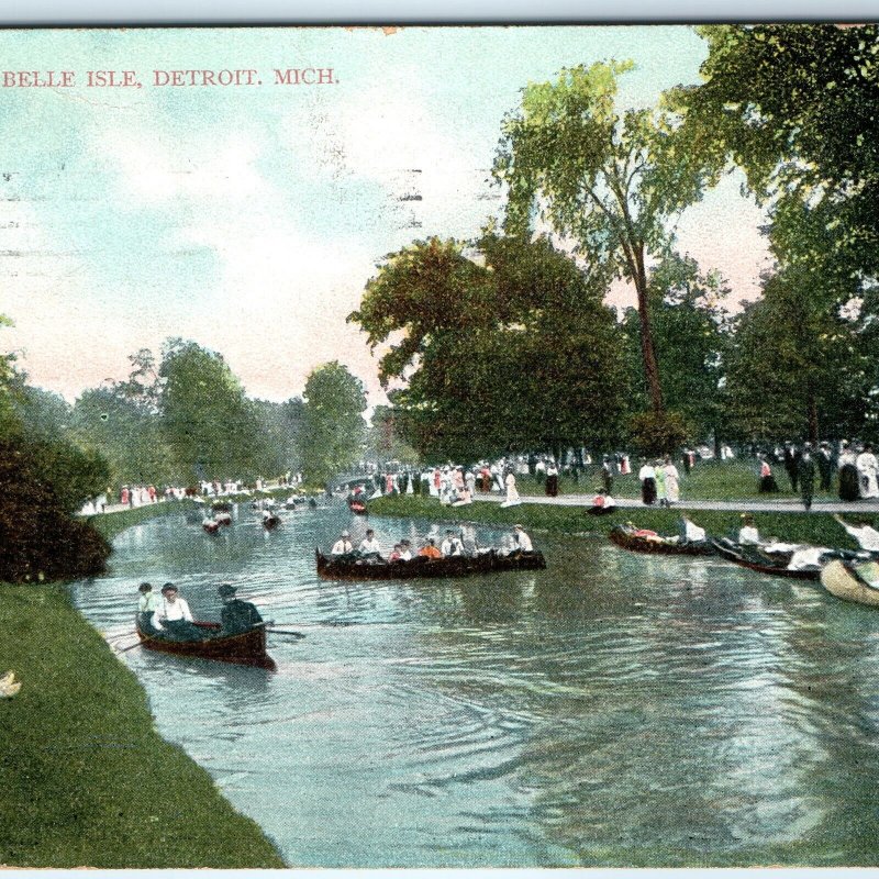 c1910s Detroit, MI Canal Scene Belle Isle Park PC Crowd Canoe Boat Picnic A326