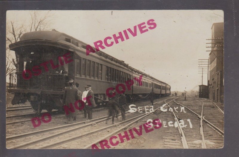 Osceola IOWA RPPC 1912 SEED CORN SPECIAL TRAIN Crew Railroad DEPOT Advertising