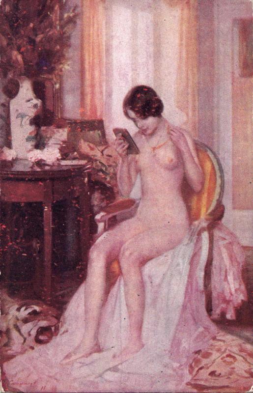 Risque nude pretty woman glances in mirror Postcard 