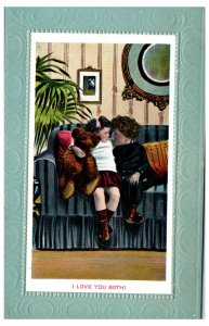 1910s Little Girl and Boy with Teddy Bear Love You Both Wildt & Kray Postcard