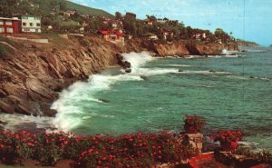 Vintage Postcard High Tide Against Shoreline Homes Laguna Beach California CA