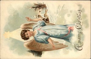 Christmas Beautiful Angel in Blue Winter Scene c1910 Vintage Postcard