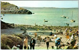 c1960s Brixham Devon Fishcombe Beach Postcard Sunny Cove Boats Deck Chairs UK