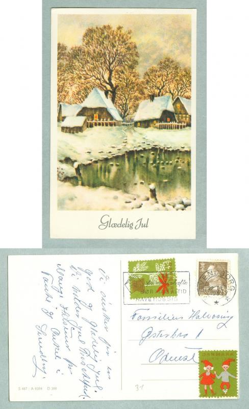 Christmas Card 1963. Farm Houses,Pond. With 2 Christmas Seal. Postal Used
