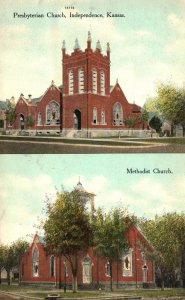 Vintage Postcard Presbyterian And Methodist Churches Parish Independence Kansas