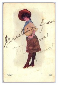 Postcard Greetings From Marion Kansas Cowgirl Glitter Card Hand Canceled