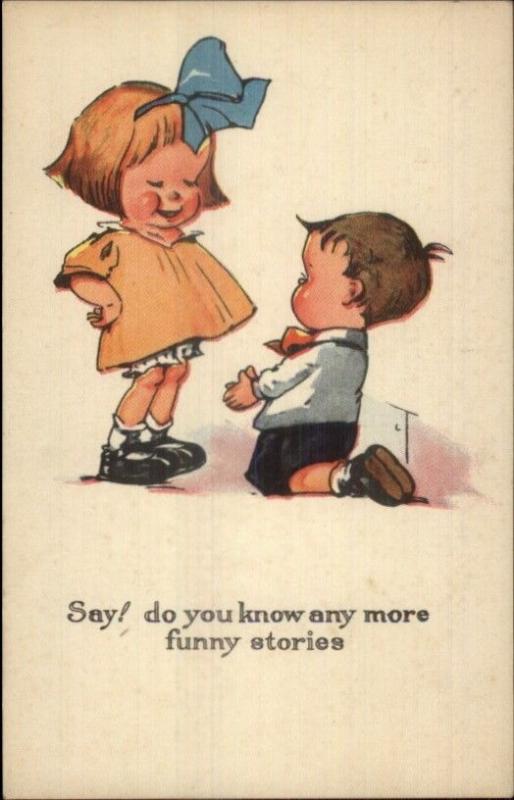 Little Boy on Bent Knee Begging Girl c1915 Postcard