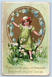 Elgin IL Postcard Valentine Pretty Little Girl Flowers Love The Spring And Bloom