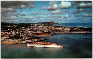 VINTAGE POSTCARD HONOLULU HARBOR AERIAL VIEW OF DIAMOND HEAD POSTED 1966