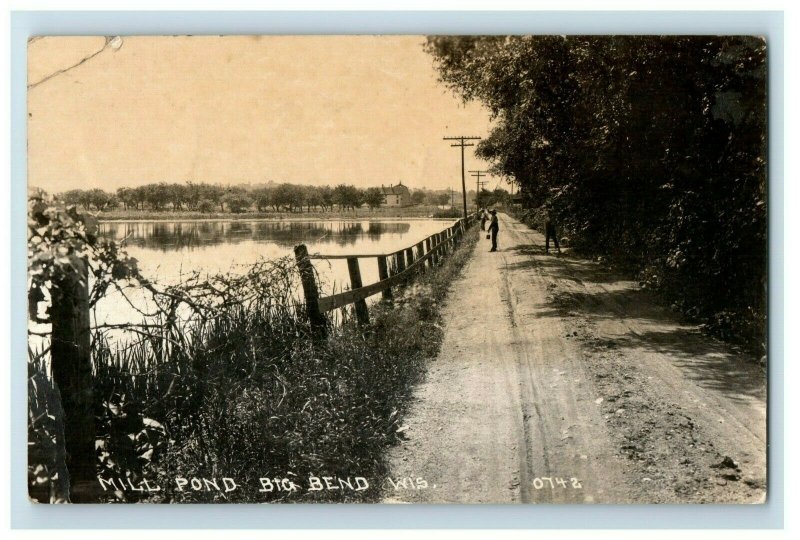 C.1915 Boys Fishing at Mill Pond Big Bend Wisconsin RPPC Real Photo Postcard P79