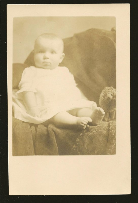 Vintage Portrait of A Baby With a Doll B&W Real Photo Postcard Unposted