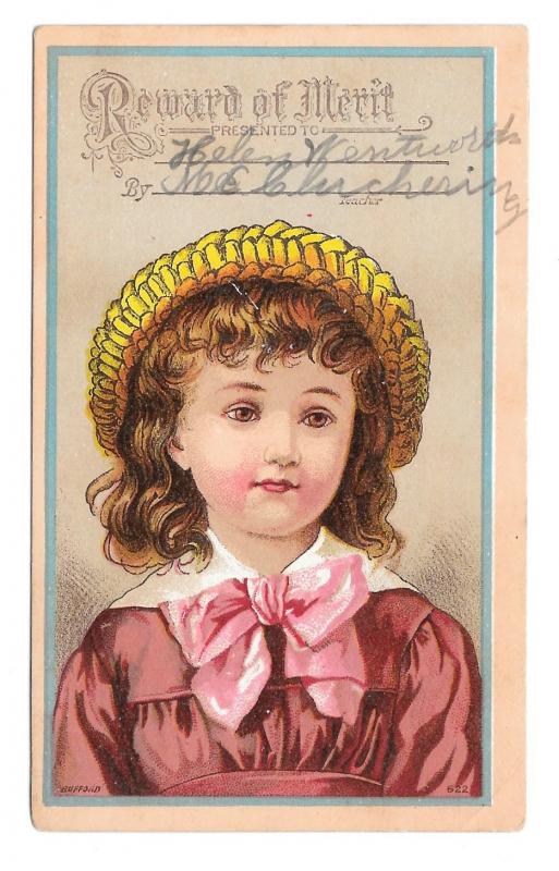 Antique Victorian Reward of Merit School Girl Bufford Litho Card Helen Wentworth