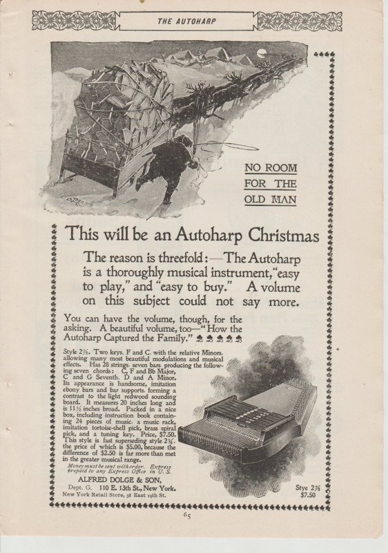 1895 Print Ad Autoharp, Santa With Autoharp in His Sleigh~Alfred Dolge & Son~NY