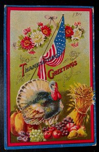 Vintage Victorian Postcard 1910 Patriotic Thanksgiving - American Flag & Turkey