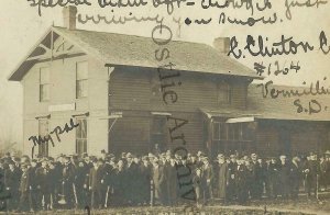 Vermillion SOUTH DAKOTA RPPC 1908 DEPOT Train FOOTBALL CROWD Mitchell Wesleyan