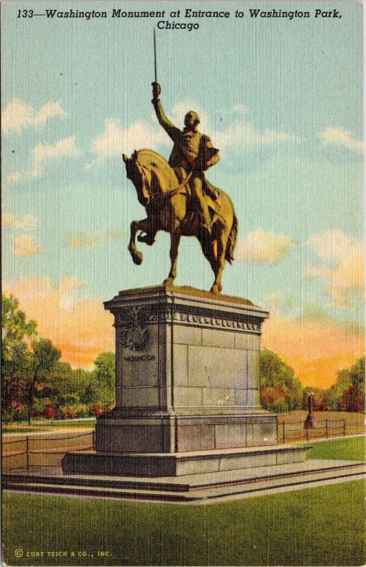 Washington Park Entrance & Historic Monument Chicago Illinois Linen Postcard 