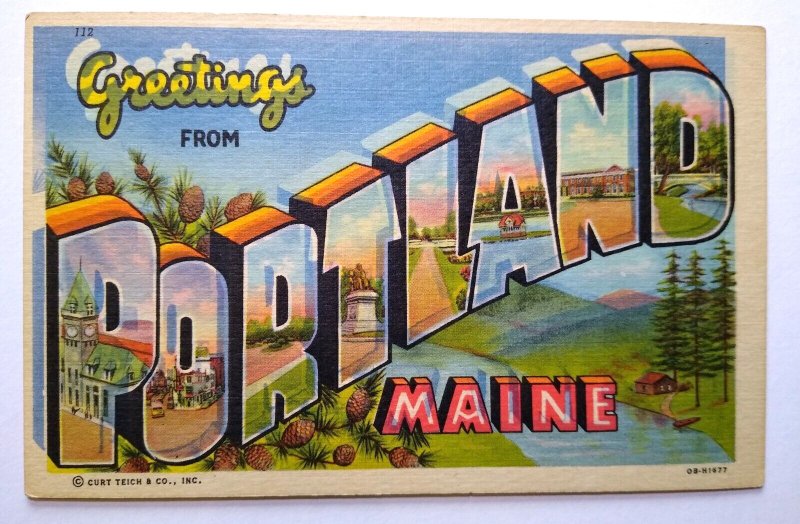 Greetings From Portland Maine ERROR Large Big Letter Postcard Linen Misprinted