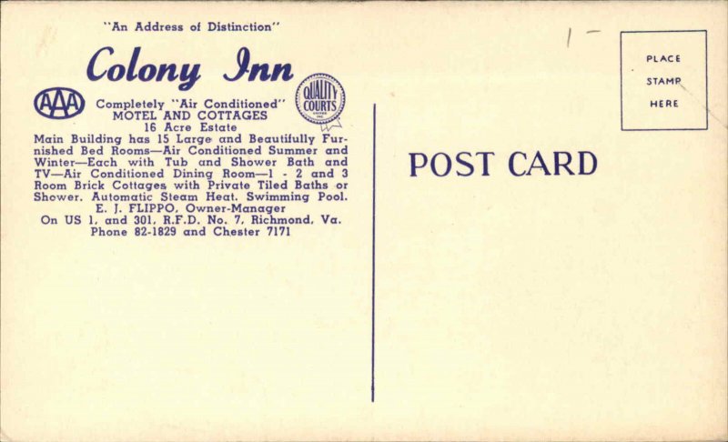 Richmond Virginia VA Colony Inn c1950s-60s Postcard