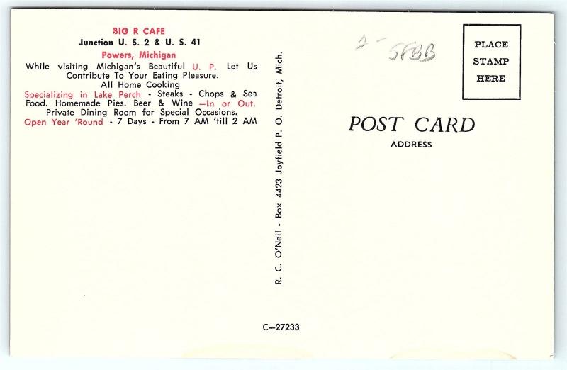 Postcard MI Powers Big R Cafe Beer to Go Greyhound Bus Stop R27