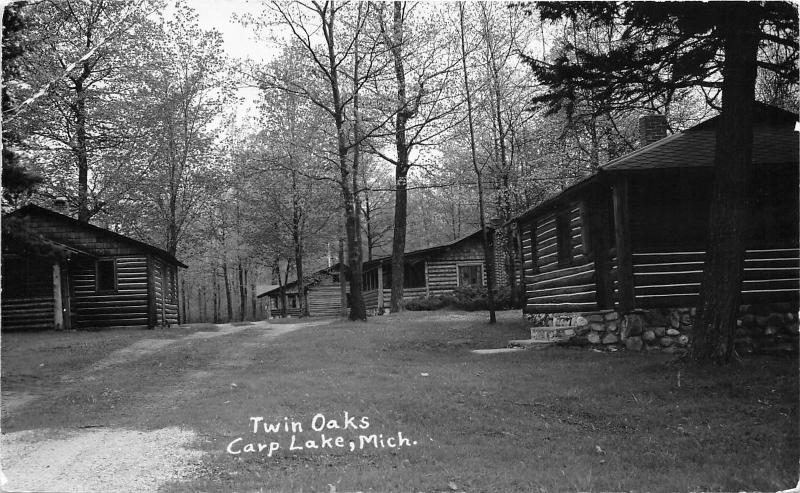 Carp Lake Michigan Twin Oaks Resort Log Cabins Note On Back 1954