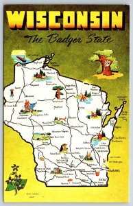 State Map~Wisconsin~Wausau~Medford~Oshkosh~Baraboo~Bayfield~Vintage Postcard