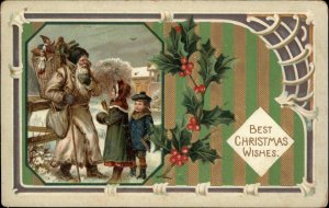 Christmas Santa Claus Beige Brown Suit Children Gilt Embossed c1900s-20s PC