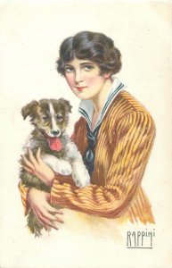 Art signed Rappini Post card Art deco nouveau young woman with dog