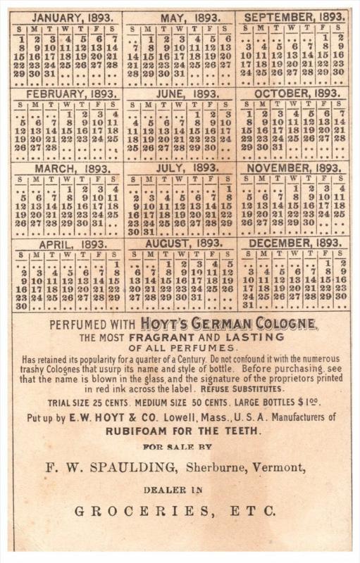 2402  Hoyt's German Cologne  1893 Calendar Trade Card