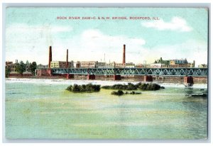 1907 Rock River Dam-C & N.W. Bridge Rockford Illinois IL Posted Vintage Postcard