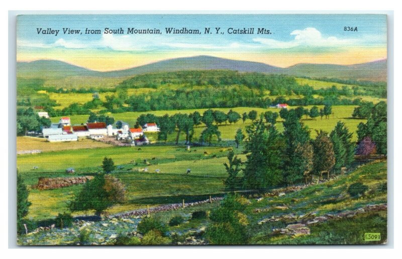 Postcard Valley View from South Mountain, Windham NY Catskill Mts linen H62